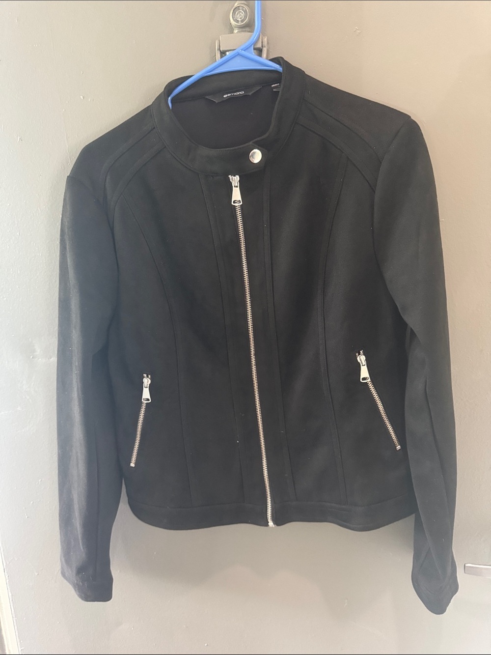 Black Vegan Suede Women's Zip-Front Moto Jacket with Snap Collar